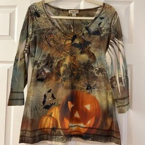 One World Womens Halloween Top M Med Bat Spiderweb Rhinestone Bling V-Neck